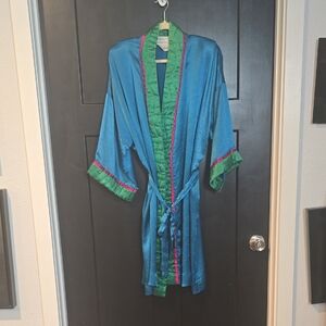 Blue and Green Satin Kimono Robe with Pink Trim, Nieman Marcus, Vintage